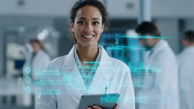 Portrait of a smiling female scientist in a lab coat, holding a digital tablet with holographic data in a modern laboratory. Concept for innovation, research, and healthcare technology.