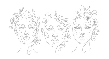 Three elegant line art portraits of women adorned with floral and leaf elements, creating a delicate and artistic composition.