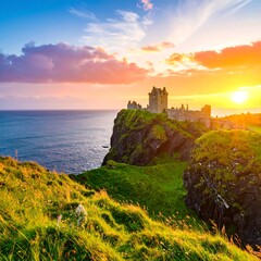 Obraz premium Coastal castle at sunset, dramatic sky, lush green hills