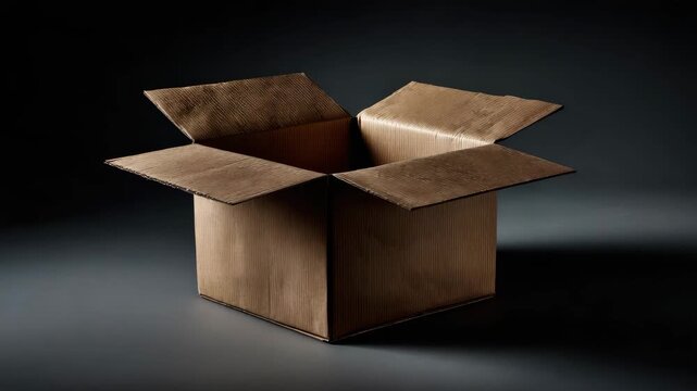 Open empty cardboard box with flaps extended dark background featuring brown corrugated packaging container, textured surface, and shadow creating depth and moody atmosphere for storage or packing use
