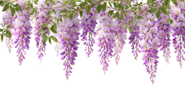 Delicate lavender flower clusters cascade downwards, supported by green leaves, all over a black background