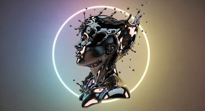 Glossy fluid head sculpture with splashes against a neon circle on a gradient background - Powered by Adobe