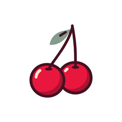 A vibrant illustration of two cherries with a green leaf, set against a plain background, ideal for food-related themes