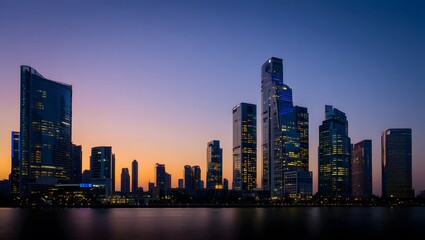 Modern city skyline at dusk with colorful sunset and water reflection