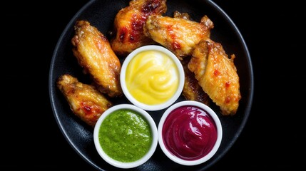 Chicken wings with assorted dipping sauces on black plate