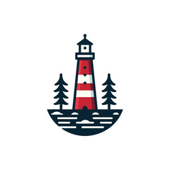 A vibrant lighthouse standing tall amidst lush trees and gentle waves, symbolizing guidance