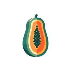 A vibrant papaya fruit cut in half, showcasing its colorful flesh and seeds, isolated on white