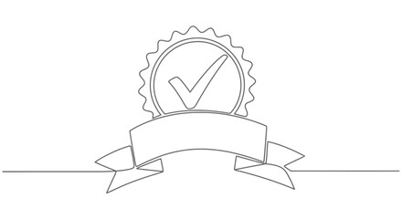 A continuous line drawing of a quality assurance badge with a checkmark and a ribbon.