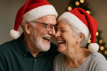 Joyful elderly couple in Santa hats embracing and laughing together during Christmas holiday celebration in cozy home with warm festive lights glowing. Ai generative