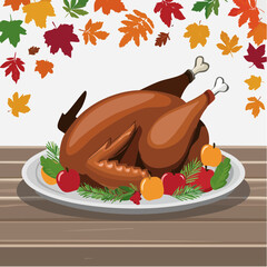 Deliciously Roasted Turkey Dinner with Autumn Leaves and Festive Decorations