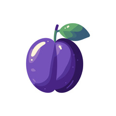 A vibrant purple plum with a green leaf, set against a clean white background, ideal for food-related content