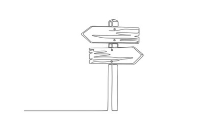 Continuous line drawing of a wooden signpost with two directional arrows pointing left and right, symbolizing choice or path.
