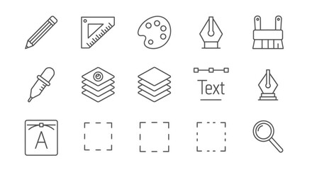 A set of thin line icons representing common tools for graphic design, digital art, and photo editing software.
