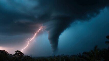 Tornado storm with dark cloud lightning striking during severe weather over forest landscape creating dramatic natural disaster sky thunderstorm powerful nature phenomenon - Powered by Adobe