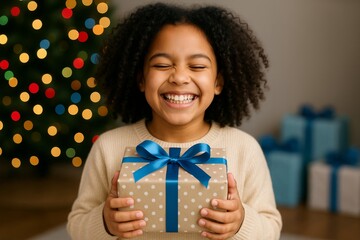 Joyful child holding Christmas gift with blue ribbon in festive home setting, smiling brightly in front of decorated tree with holiday lights. Ai generative