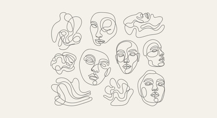 Abstract line art faces and shapes on a light background, minimalist design.
