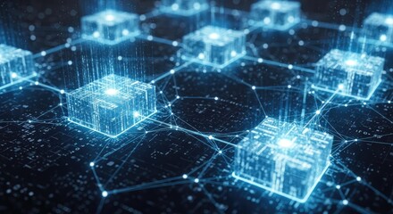 Abstract visualization of interconnected glowing digital cubes arranged in a grid, symbolizing data blocks, blockchain technology, and secure information transfer in a dark, abstract digital space.