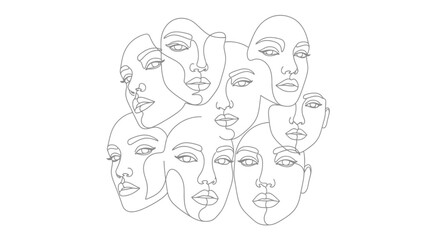 A beautiful composition of multiple abstract female faces created in a minimalist one-line drawing style.