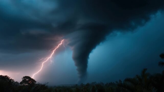 Tornado storm with dark cloud lightning striking during severe weather over forest landscape creating dramatic natural disaster sky thunderstorm powerful nature phenomenon