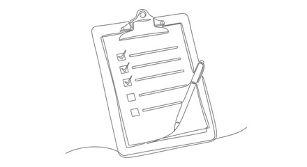 A continuous single line drawing of a clipboard with a checklist and a pen, showing completed and pending tasks.