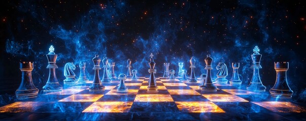 Obraz premium Strategic Leadership chessboard with glowing pieces, representing strategic decision-making and visionary thinking in leadership.