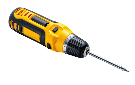 Compact, electric screwdriver with black and yellow casing, angled on black background