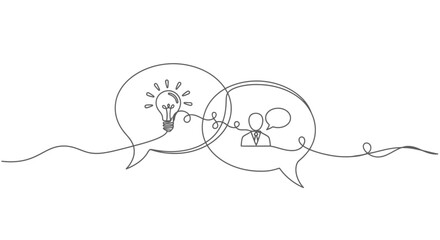 Continuous one line drawing of speech bubbles representing idea sharing, communication, and dialogue.