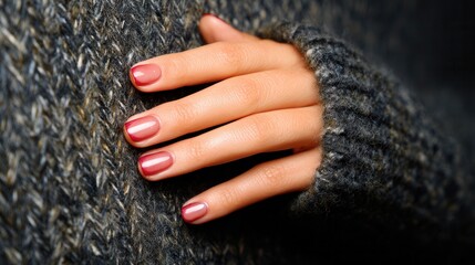 Cozy autumn vibes: close-up of hand in knitted sweater with elegant manicure