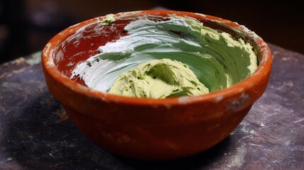 Clay mixing in pottery bowl with green white paste