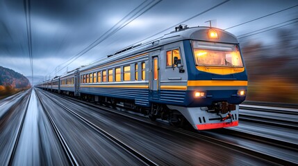 Naklejka premium Passenger train traveling fast on railway tracks