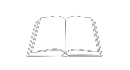 Continuous line drawing of an open book with blank pages, minimalist art style on a white background.