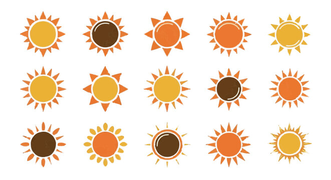 Collection of colorful sun icons in various shades of orange and yellow on a white background