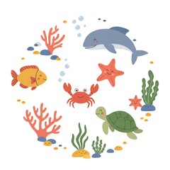 An adorable and captivating illustration of a diverse underwater ecosystem, featuring a cheerful collection of marine creatures and vibrant ocean plants arranged in a charming circular design