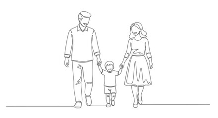 Obraz premium Line drawing of a family of three, parents holding hands with their child, walking together.