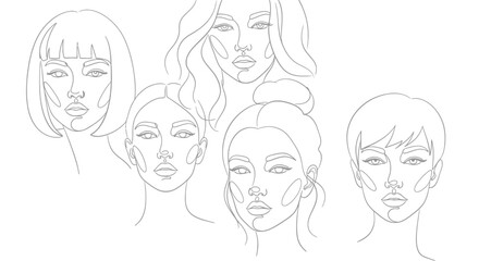 Minimalist continuous line art drawings of five diverse women's faces with various hairstyles, showcasing modern graphic design.