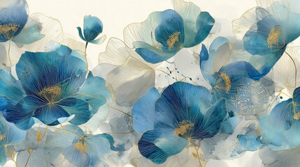 Abstract Watercolor Blue and Beige Flowers with Gold Lines