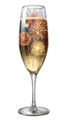 Champagne flute with fireworks reflection on a transparent background