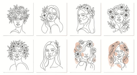 Describe the image in 6-180 characters, avoiding keyword lists. The image shows multiple line art illustrations of women with flowers.