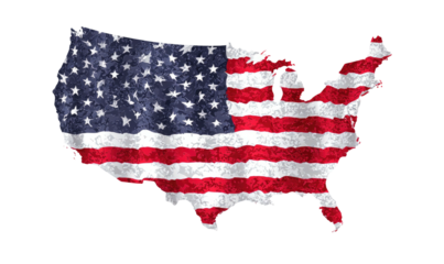 Map of the USA in a vintage, textured style, depicting the American flag