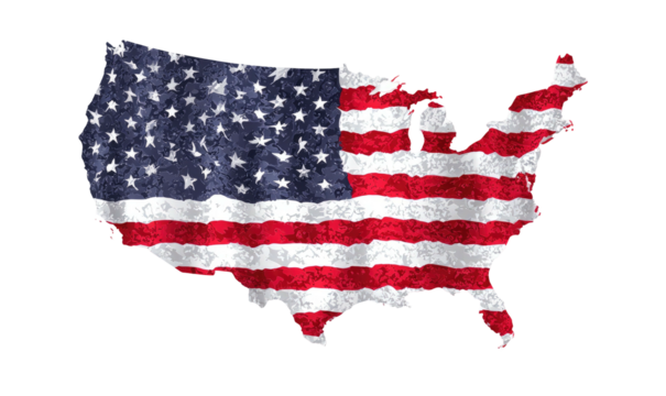 Map of the USA in a vintage, textured style, depicting the American flag