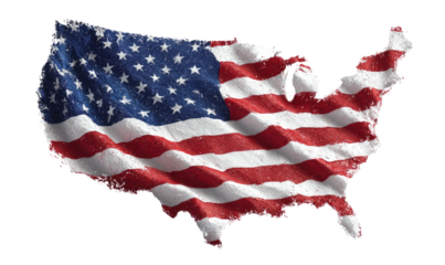 A textured rendering of the USA map, filled with the American flag, set against black