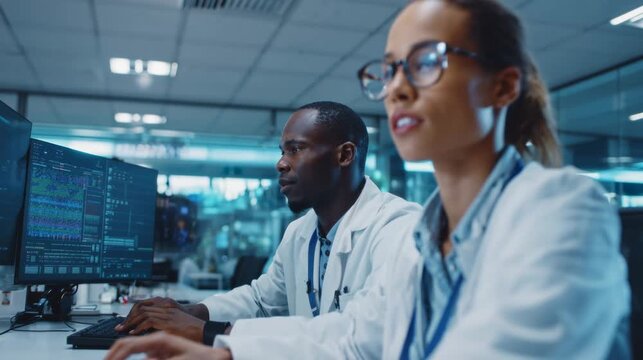 Focused young female scientist in glasses and a lab coat looking intently at a computer screen in a modern research laboratory. Concept for scientific analysis and innovation.
