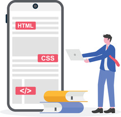 Web development courses, mobile app development and IT management classes concept with tiny people. 
