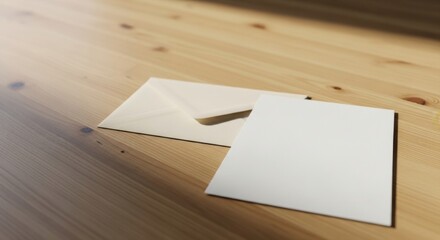 Cream envelope and blank white card on a light wood table with soft light image