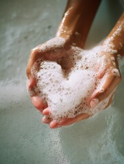 Hands forming heart shape with soap foam and bubbles, hygiene and care concept closeup