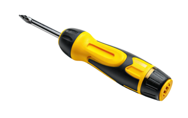 Angled view of a yellow and black screwdriver on a black background, isolated and detailed