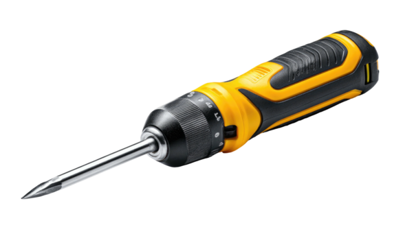 A power screwdriver against a black background, showing a yellow and black handle