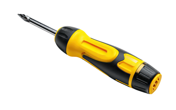Angled view of a yellow and black screwdriver on a black background, isolated and detailed