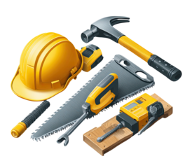 Illustration of various construction tools including a hard hat, saw, hammer, and drill