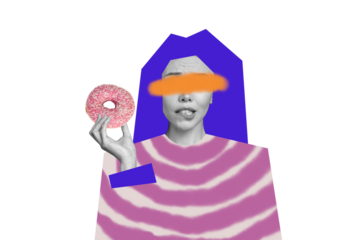Composite photo collage of anonym girl taped eyes hold donut sweet bakery desert want eat bite lips hungry isolated on painted background